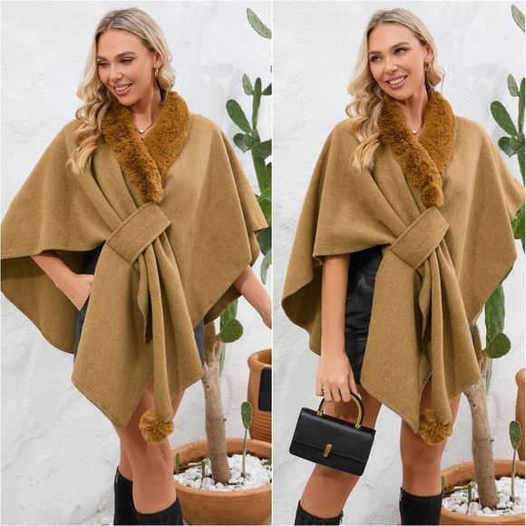 Josie Luxe Open Front Poncho - Camel